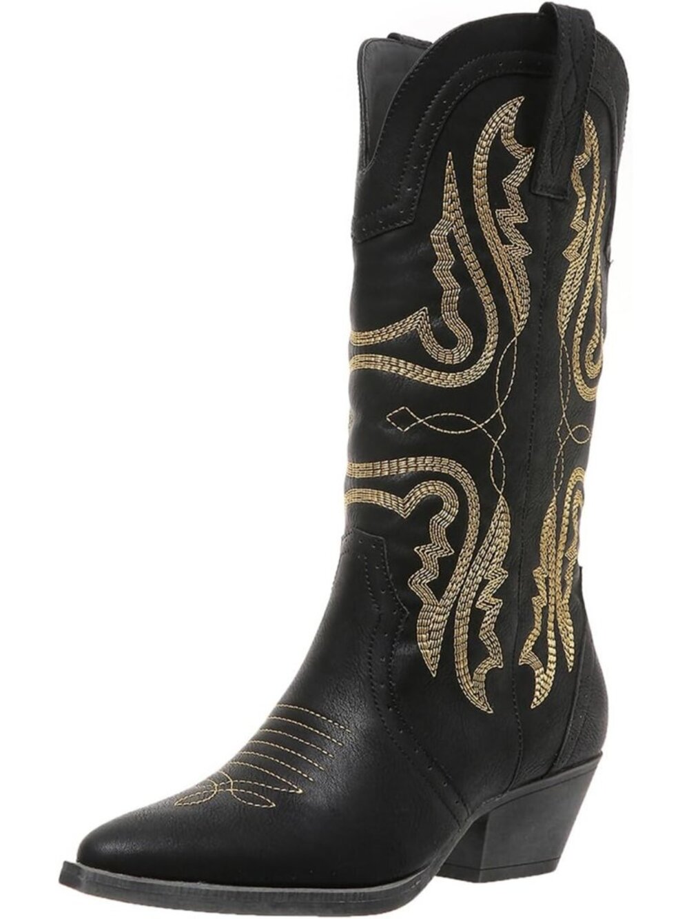 Women's Black Mid Calf Embroidered Western Snip Toe Chunky Heel Cowboy Boot